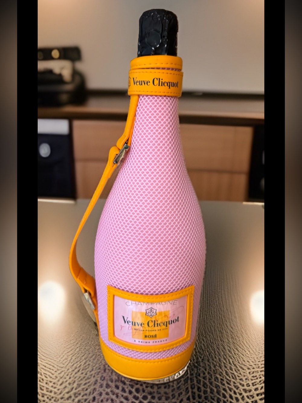 Veuve Clicquo: Pink Rose & Yellow Champagne Bottle Cover Ice Jacket with Handle